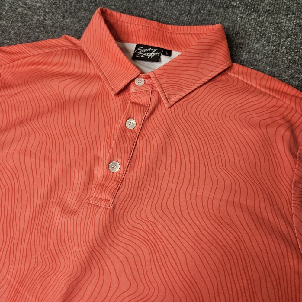 Sunday Swagger Mens Polo Shirt Size Large Orange‎ Allover Wavy Line Pattern